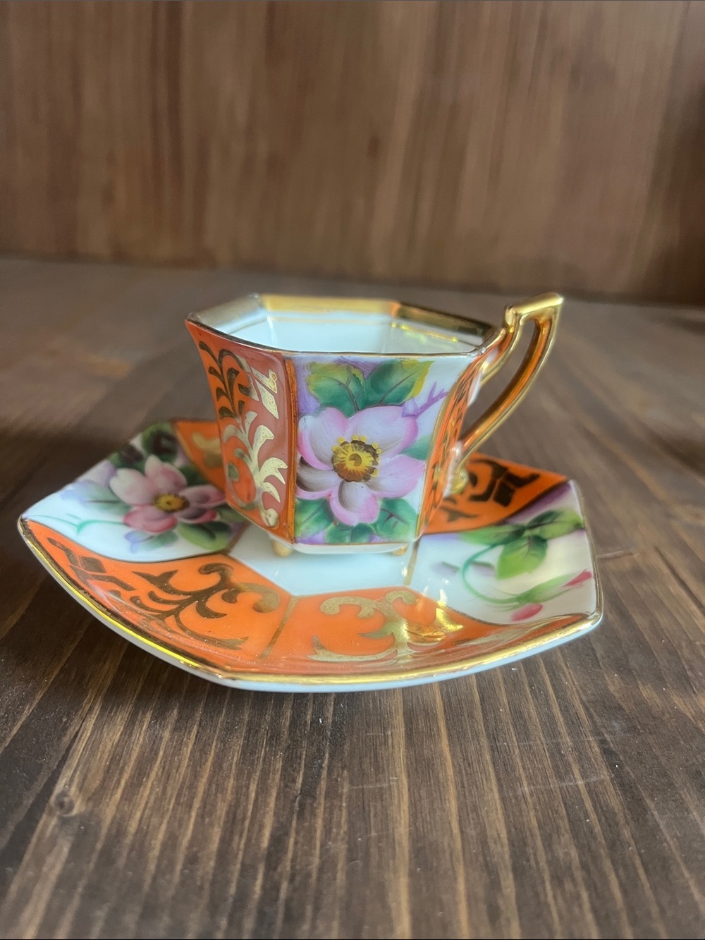 Vintage Hexagonal Hand Painted Floral Demitasse Cup & Saucer